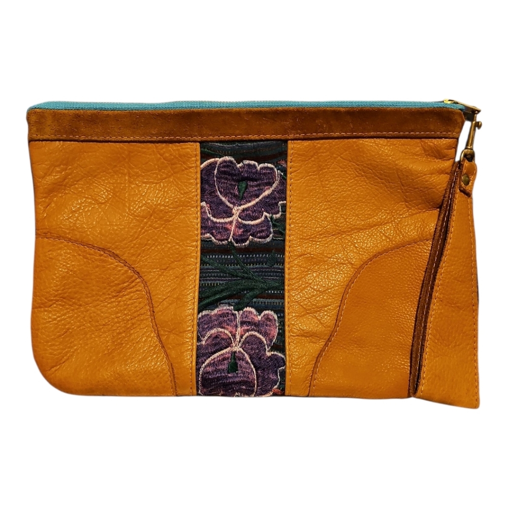 Handcrafted Tan Leather & Suede Boho Clutch – Floral Textile Accent